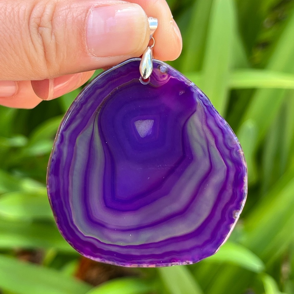 Sterling silver 925 stamped large purple banded agate pendant 0188